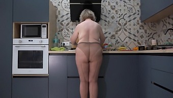 Curvy Wife In Nylon Pantyhose Serves Breakfast While Flaunting Her Assets